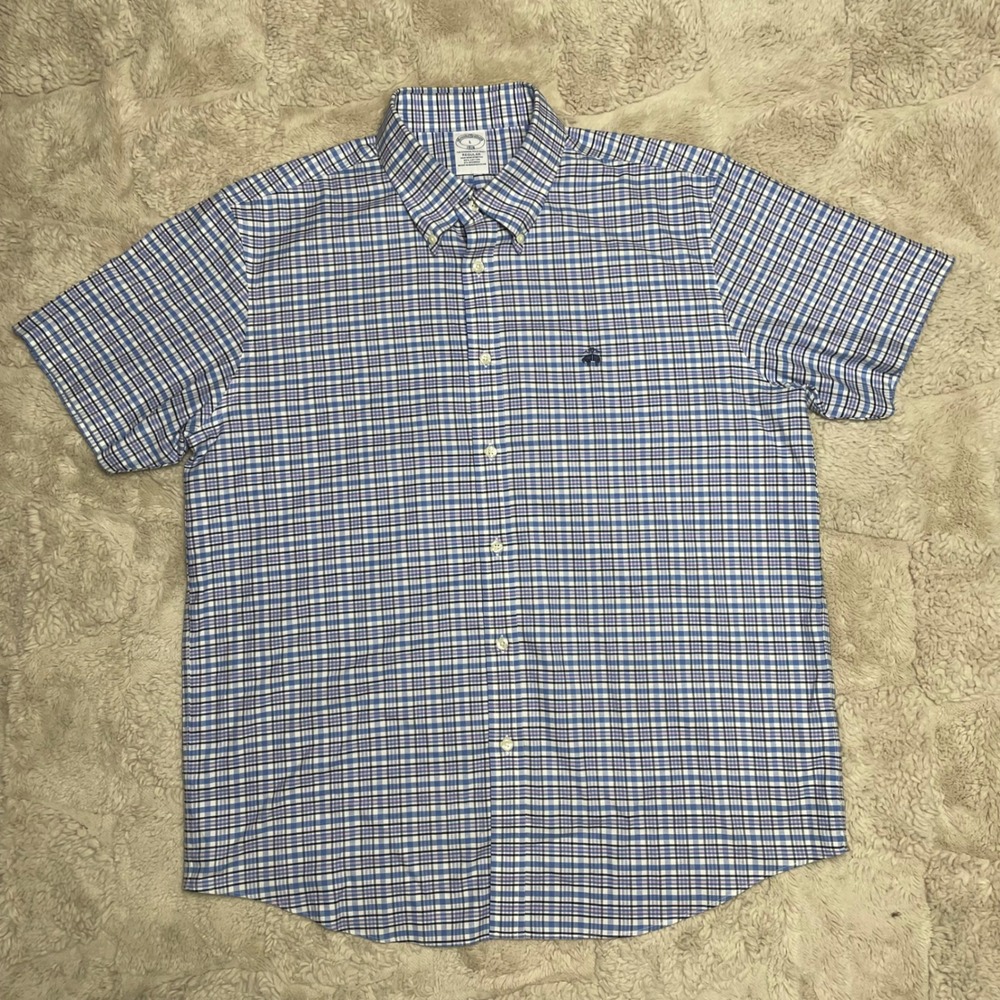 Brooks Brothers 1818 Mens Regular Fit Non-Iron Stretch Check Shirt Blue Pink L - Picture 5 of 10